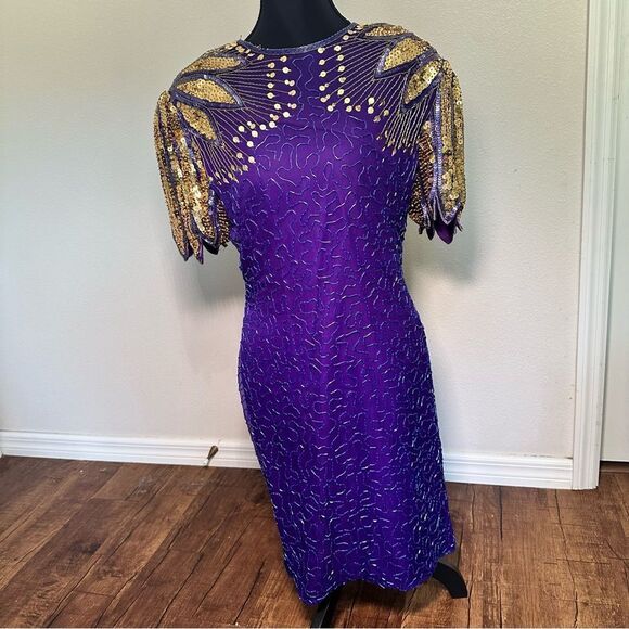 Laurence Kazar Silk Purple and Gold Embellished Sheath Dress - Picture 5 of 10